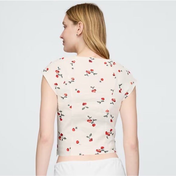 GAP Women's Linen-Blend Cap-Sleeve Crop Top - Cherry Print - Picture 3 of 6